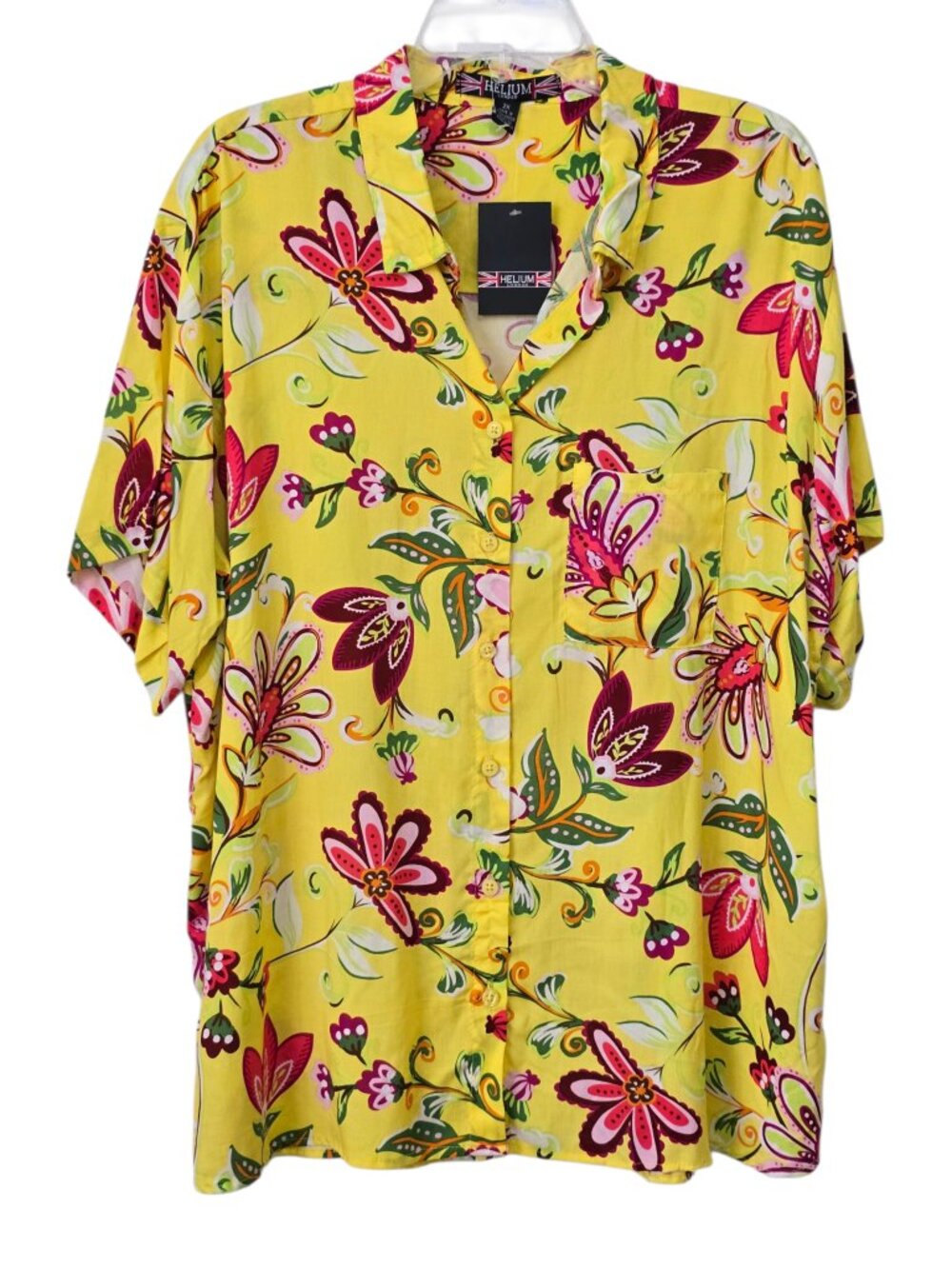 Helium Yellow & Hot Pink Floral Short Sleeve Button Down Shirt Size 2X NEW